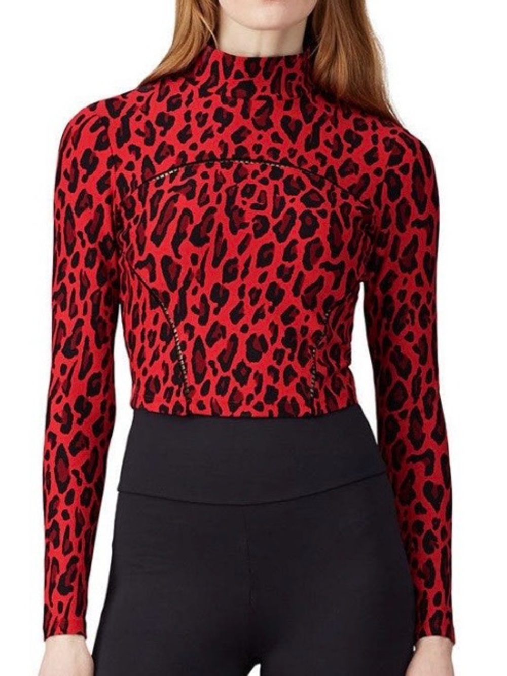 MICHI Red & Black Leopard Mock Neck Crop Top